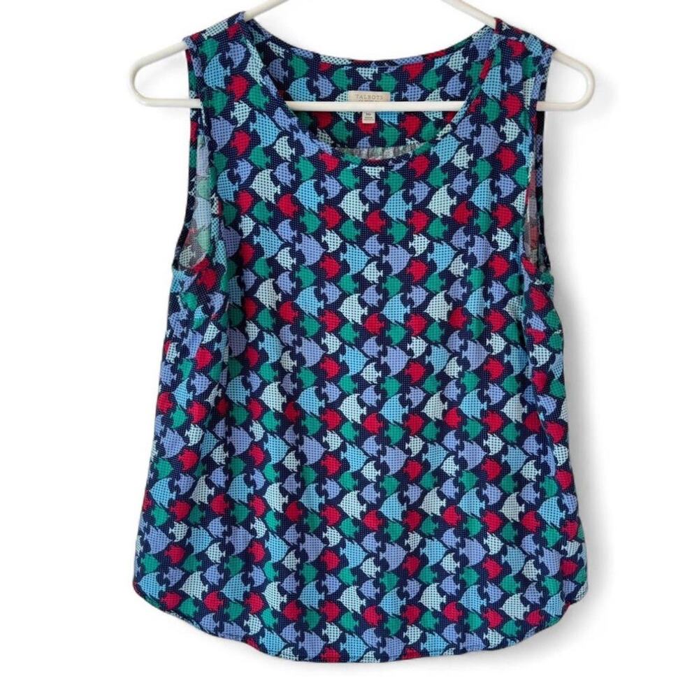 Talbots Womens MP Sleeveless Blouse Blue Silky Mixed Media Print Nautical Petite